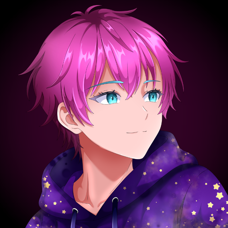 Astro’s avatar with bright pink hair, cyan eyes, and a purple galaxy hoodie